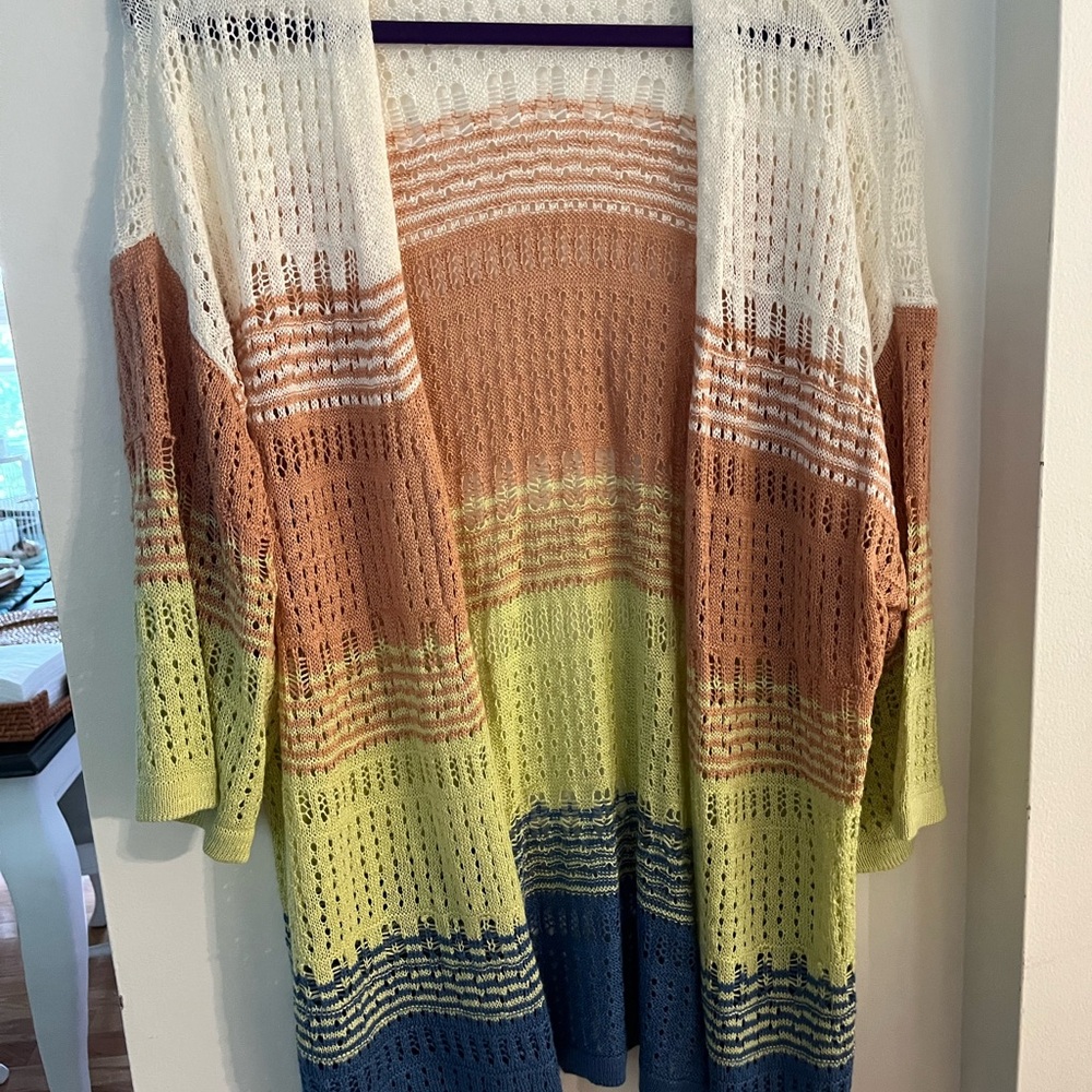 Maurices Striped Open-Knit Cardigan in Cream, Brown, Yellow, and Blue